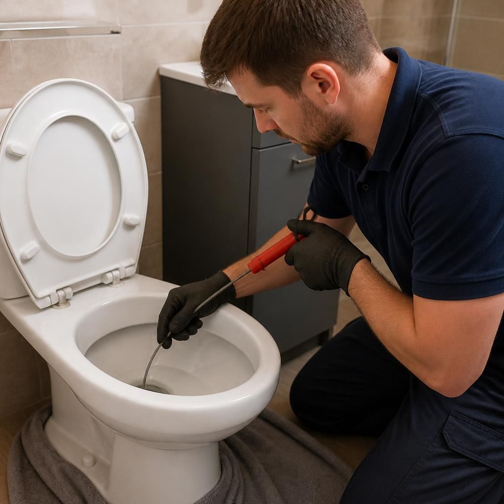 Plumber carefully using a toilet auger inside a ceramic toilet pan