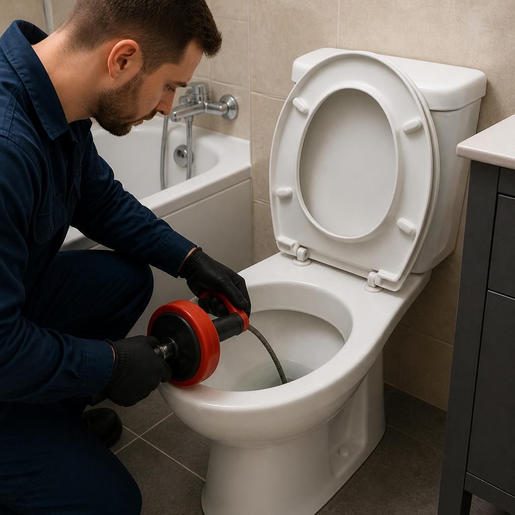 Plumber using a toilet auger to clear an obstruction from a bathroom toilet