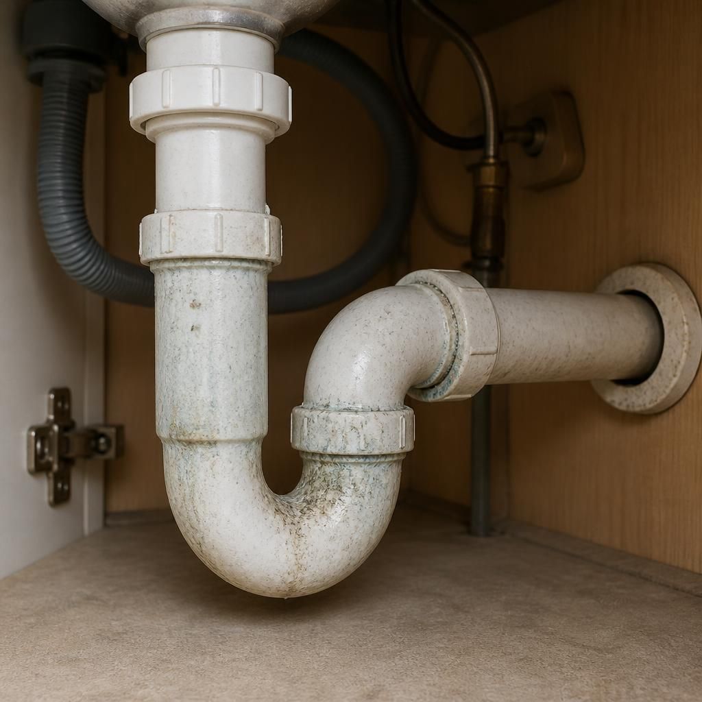 Kitchen sink waste trap and connected pipework beneath a cabinet