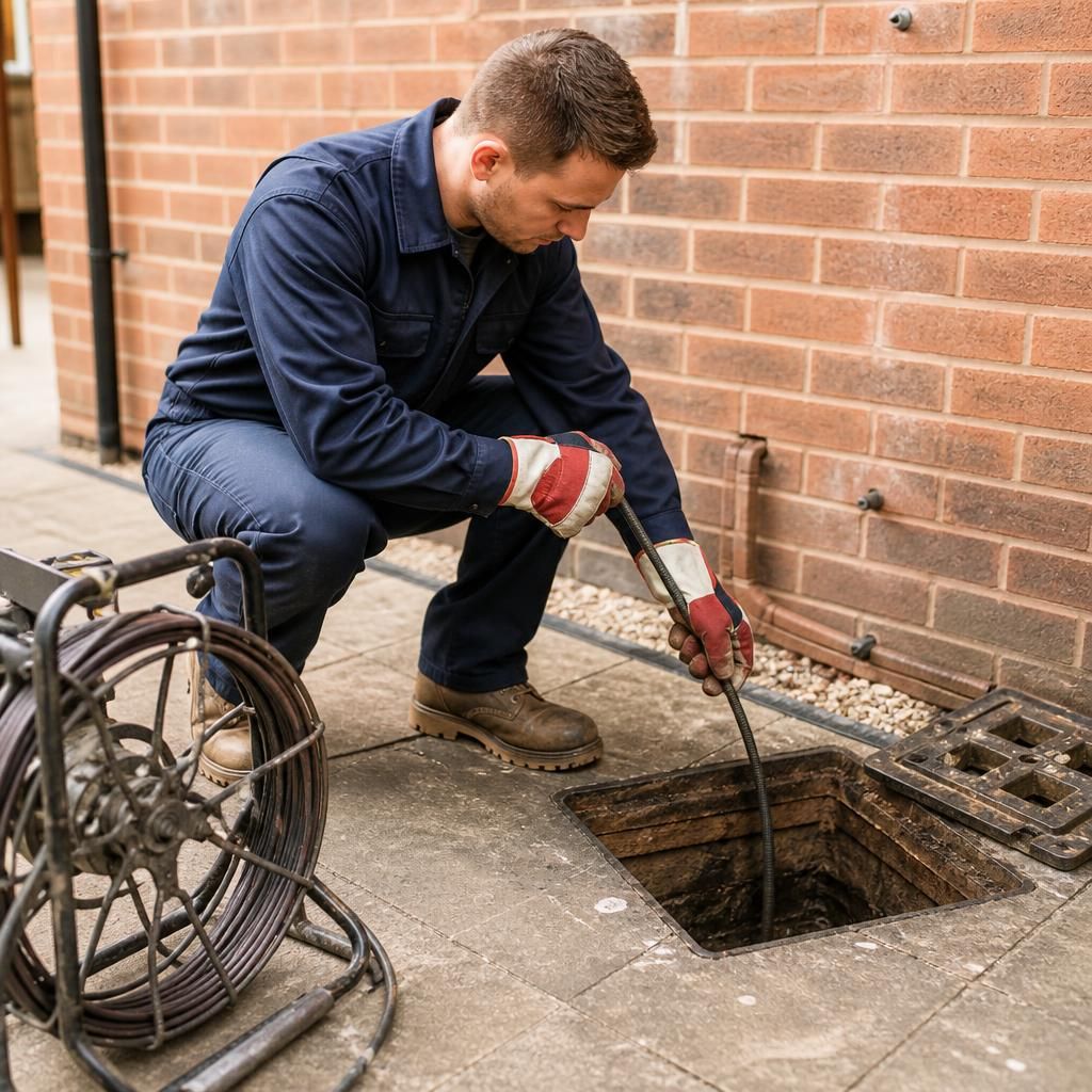 Drainage engineer inspecting an outdoor drain with a rodding tool