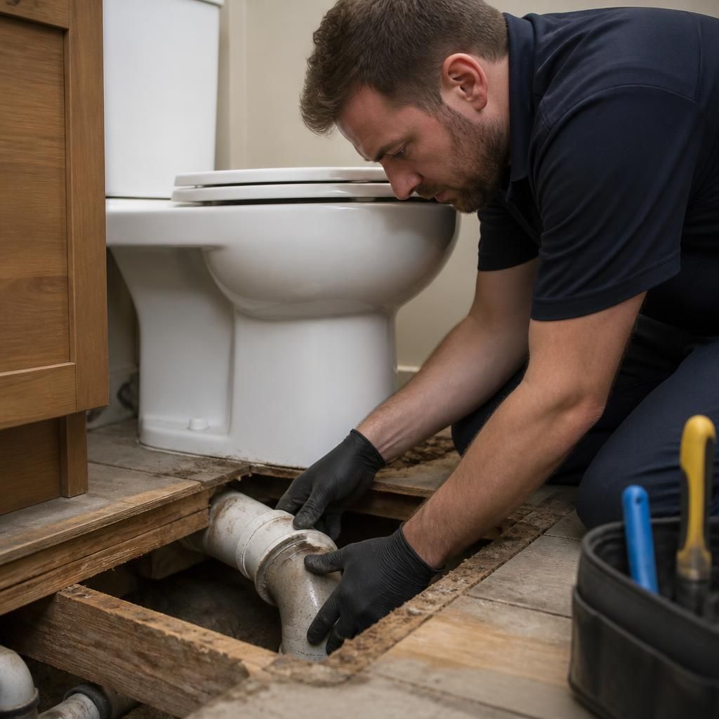 Plumber inspecting a toilet waste pipe beneath a bathroom floor