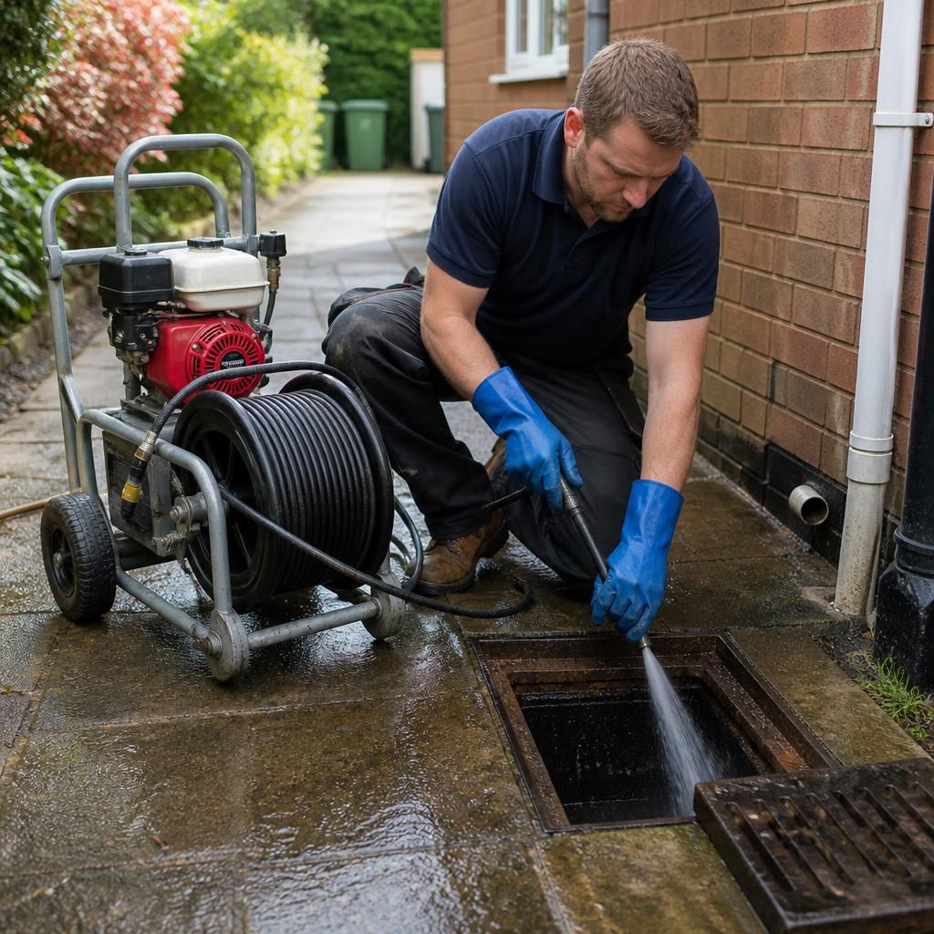 Drain jetting equipment being used to clear pipework