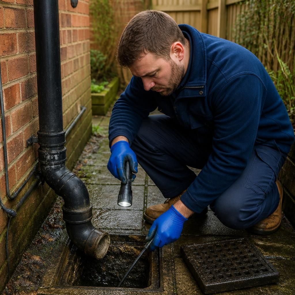 Plumber examining an external drainage pipe