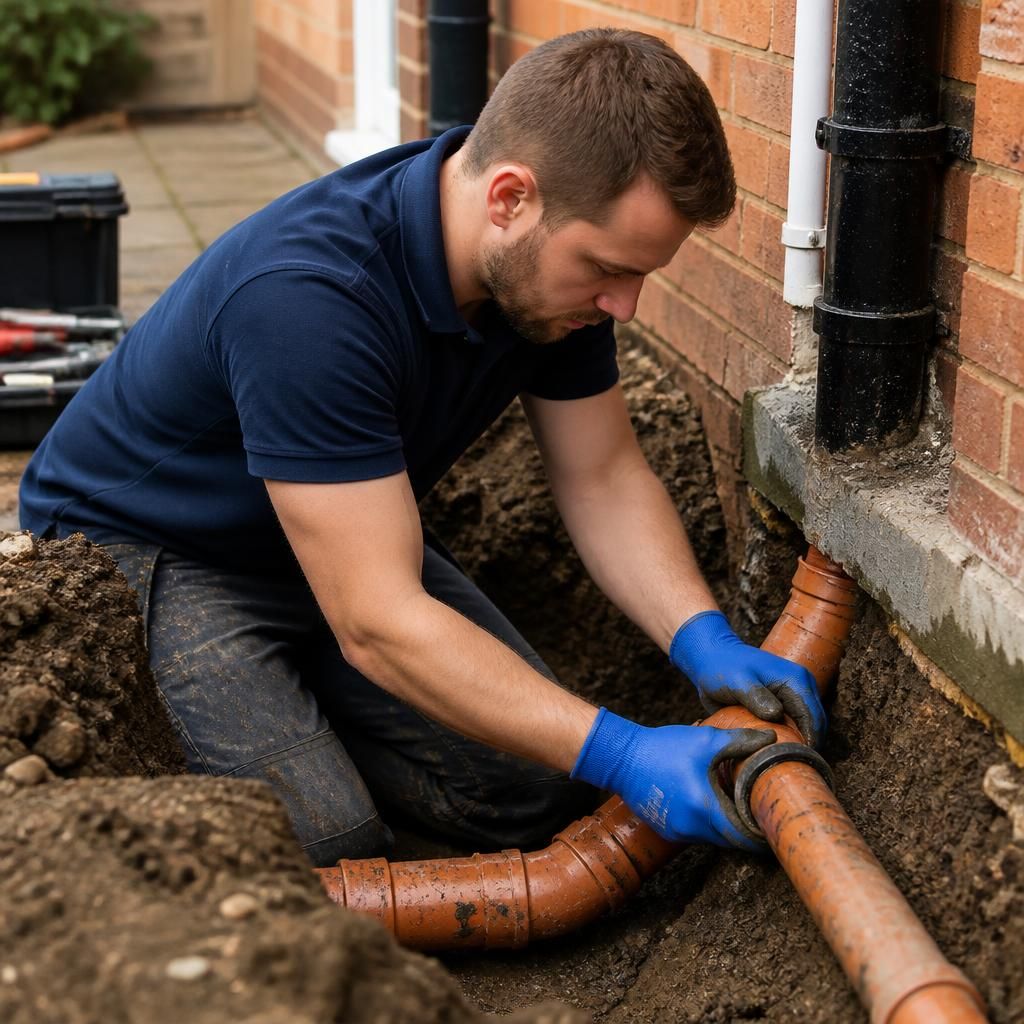 Plumber repairing damaged domestic drainage pipework