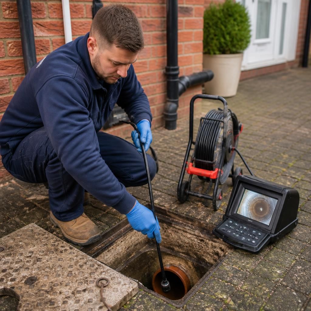 Plumber checking drainage pipework for recurring blockages
