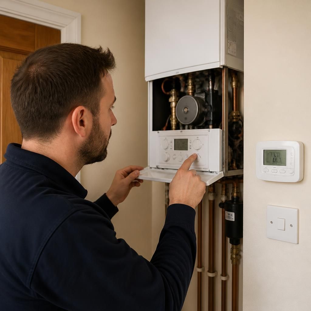 Gas engineer inspecting a domestic boiler and central heating controls