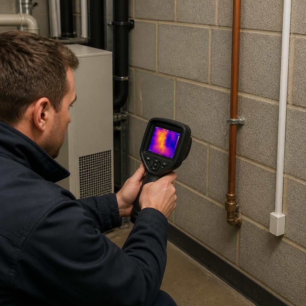 Engineer using a thermal imaging camera to inspect a commercial building wall