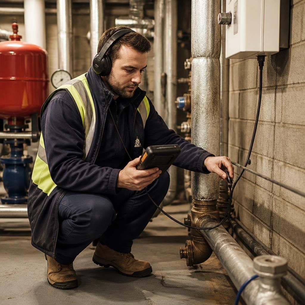 Engineer using acoustic leak detection equipment beside pipework in a commercial plant room