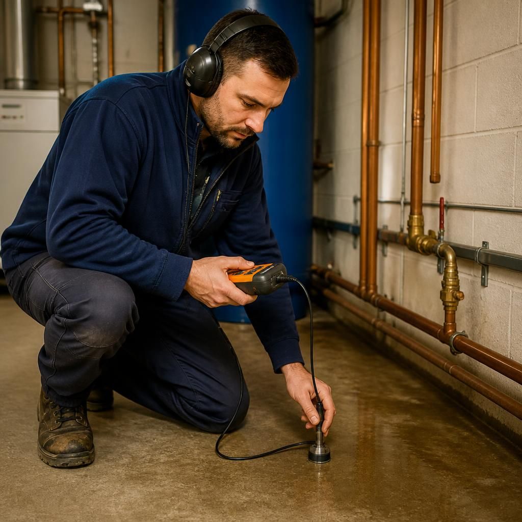 Commercial plumber using acoustic equipment to trace a concealed water leak