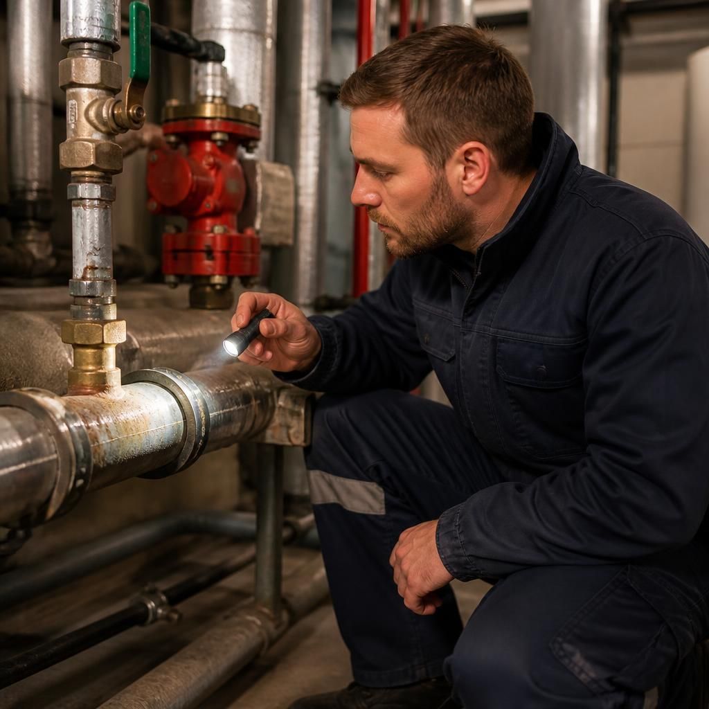 Technician inspecting exposed pipework in a commercial plant room