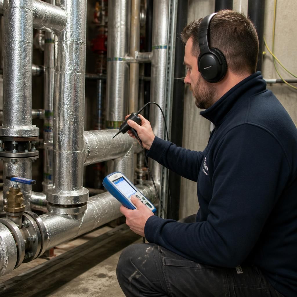 Technician using an acoustic listening device beside exposed commercial pipework