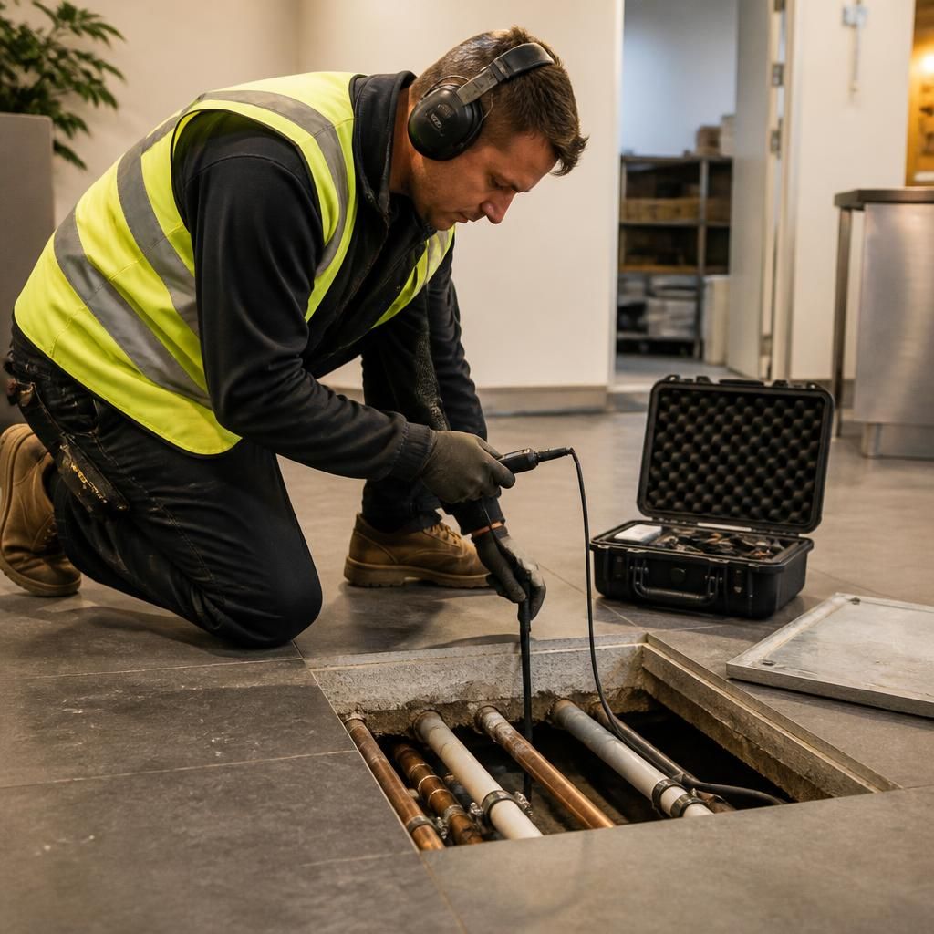 Technician inspecting concealed pipework beneath a commercial building floor
