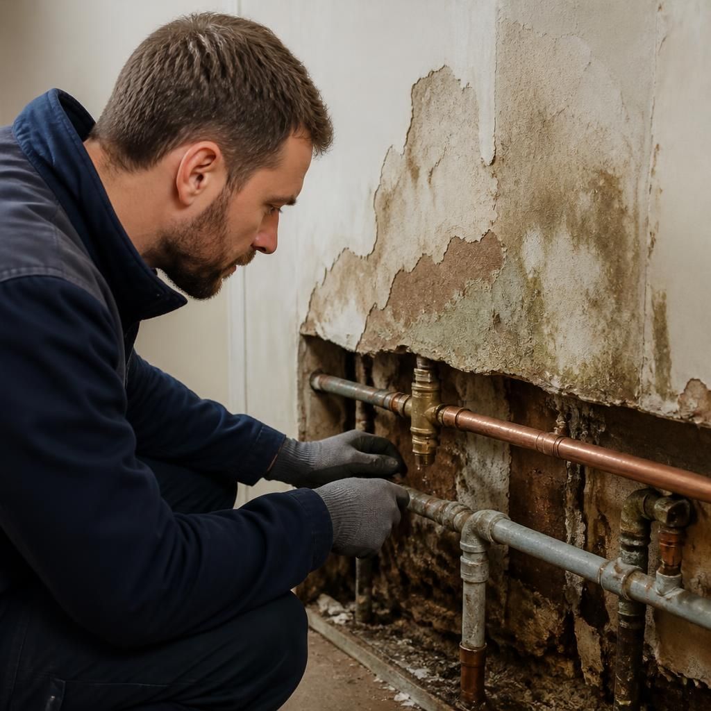 Plumber examining exposed commercial pipework beside a damp wall