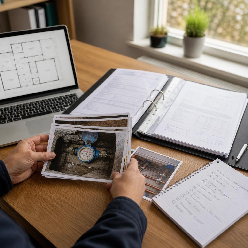 Floor plan, water meter reading and previous repair records arranged for inspection