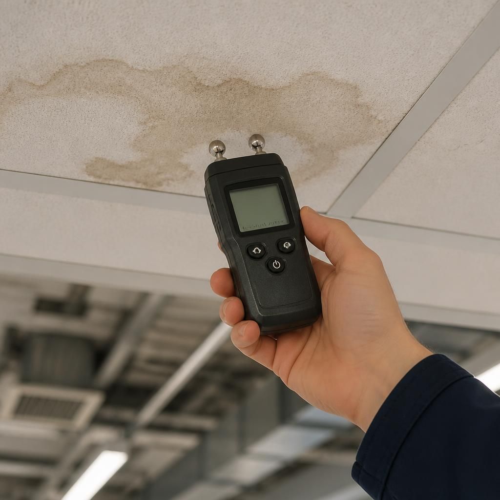 Moisture meter beside a stained ceiling tile in a commercial building