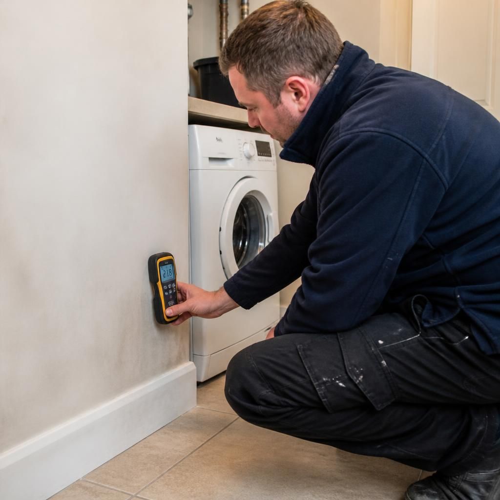 Technician using a moisture meter beside a wall in a utility room