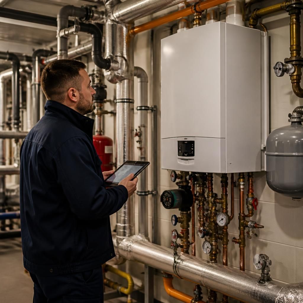 Commercial gas engineer inspecting a boiler and associated plant in a business premises