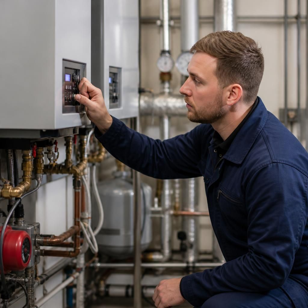 Engineer checking controls and pipework on commercial gas equipment