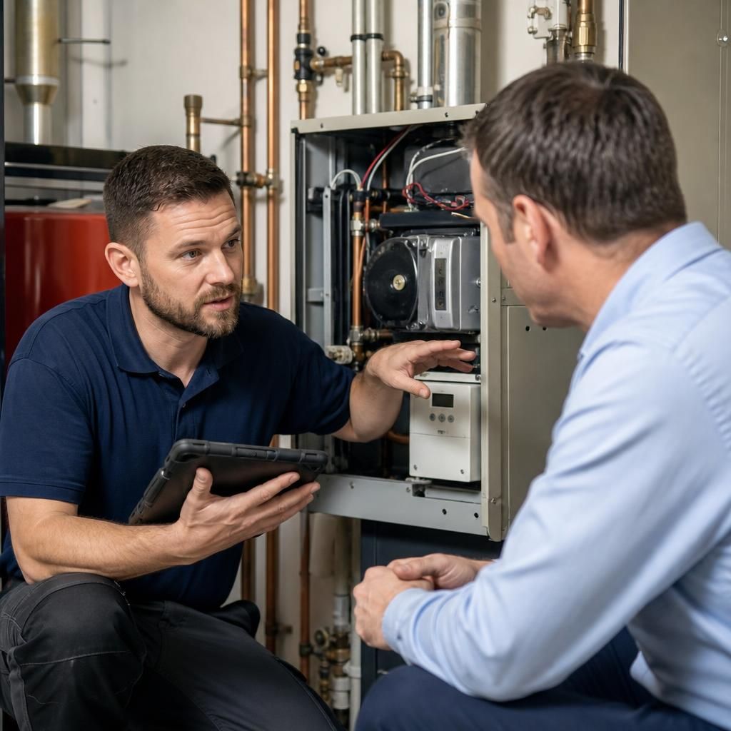 Commercial gas engineer discussing inspection findings with a property manager