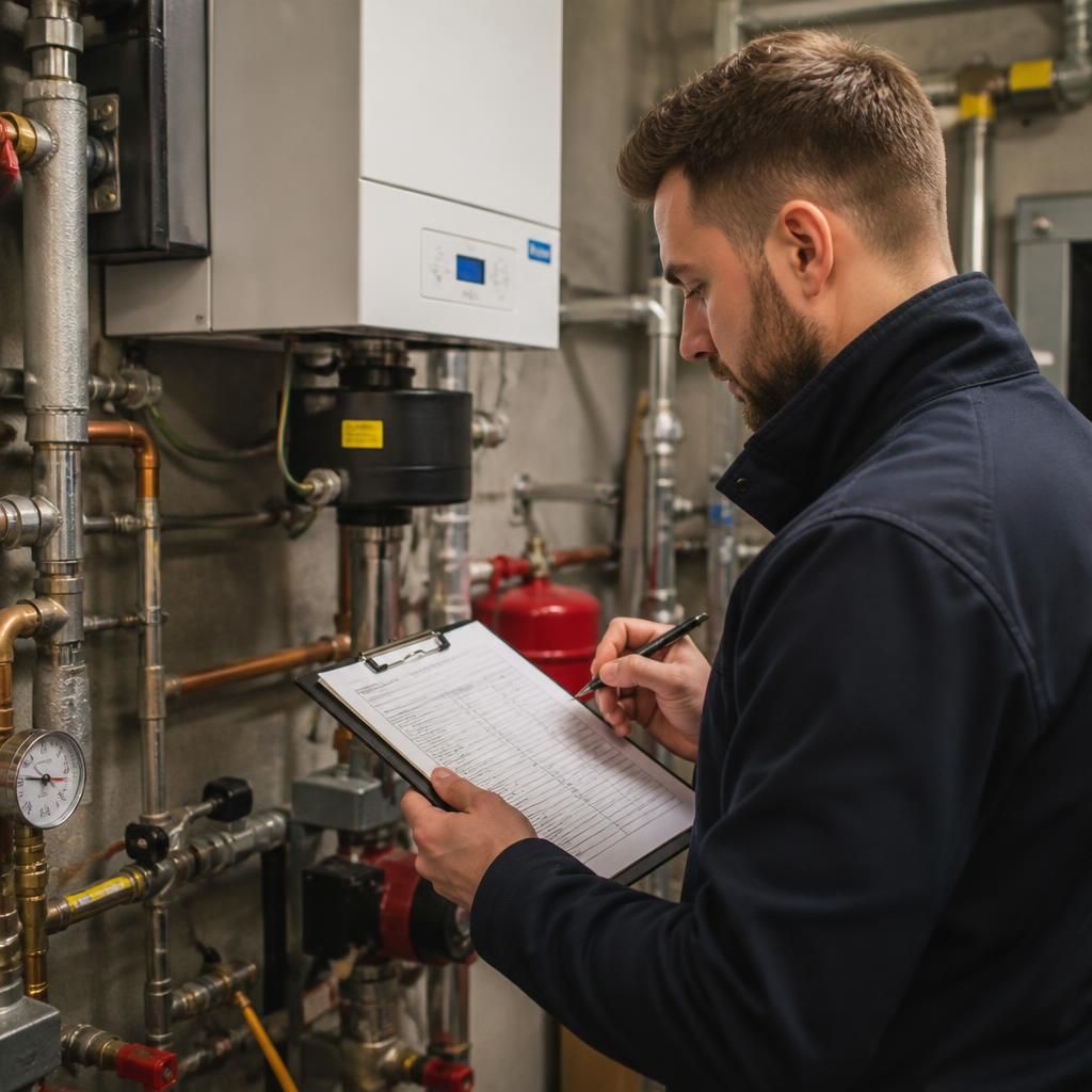 Commercial gas engineer recording inspection details for a business premises