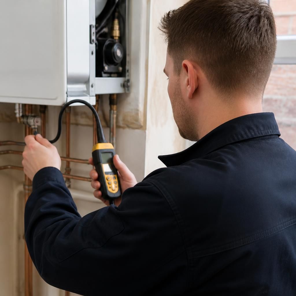Gas engineer testing a boiler connection with a handheld gas detector