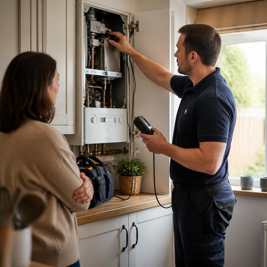 Gas engineer inspecting a boiler in a lived-in kitchen