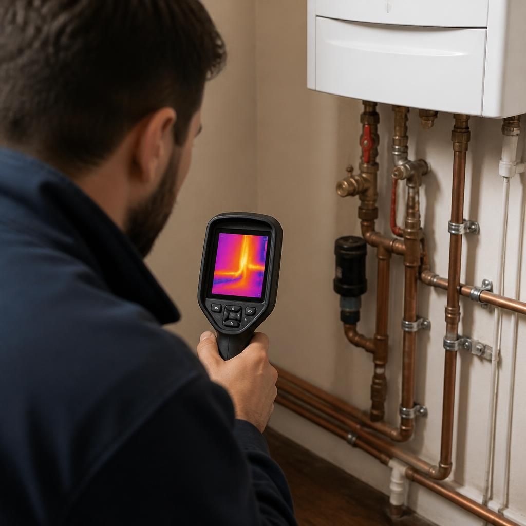 Engineer using thermal imaging equipment to inspect a central heating system