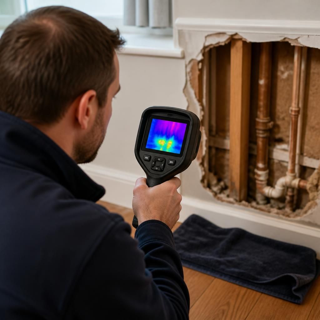 Plumber using a thermal imaging camera to investigate a suspected hidden water leak