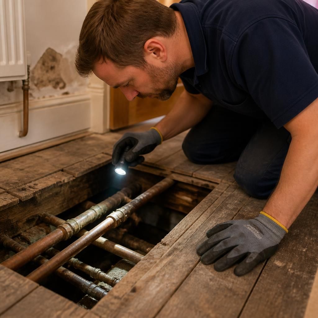 Plumber inspecting exposed pipework beneath the floorboards of an older home