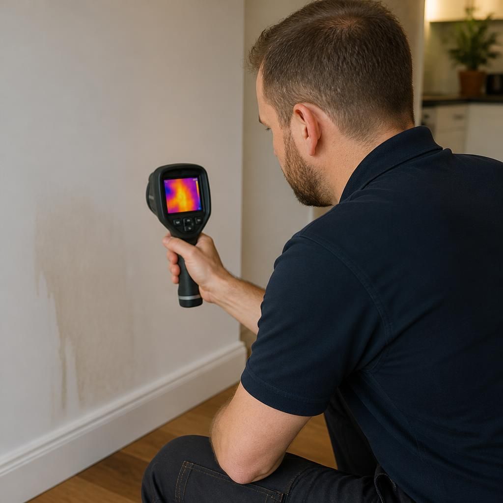 Plumber using a thermal imaging camera to inspect a wall for a hidden water leak