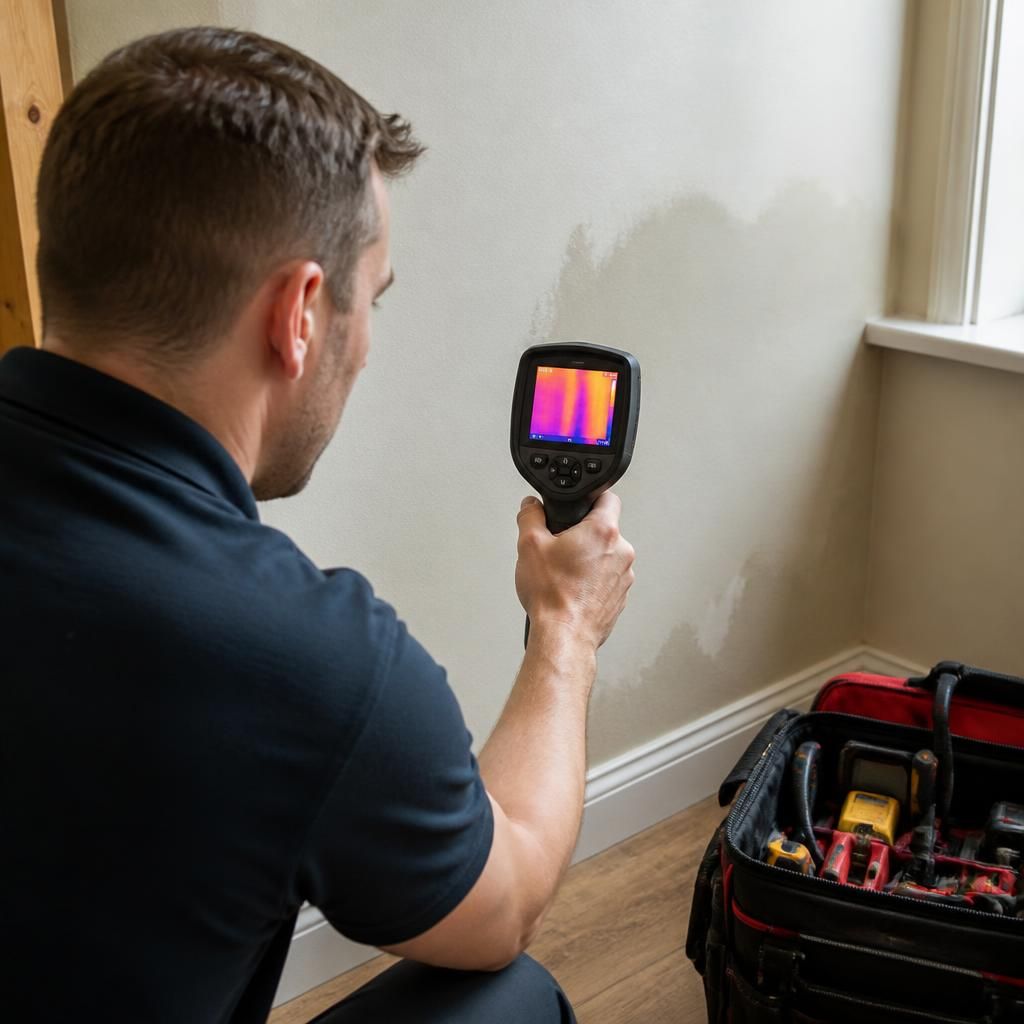 Engineer using a thermal imaging camera to inspect a wall for a concealed water leak