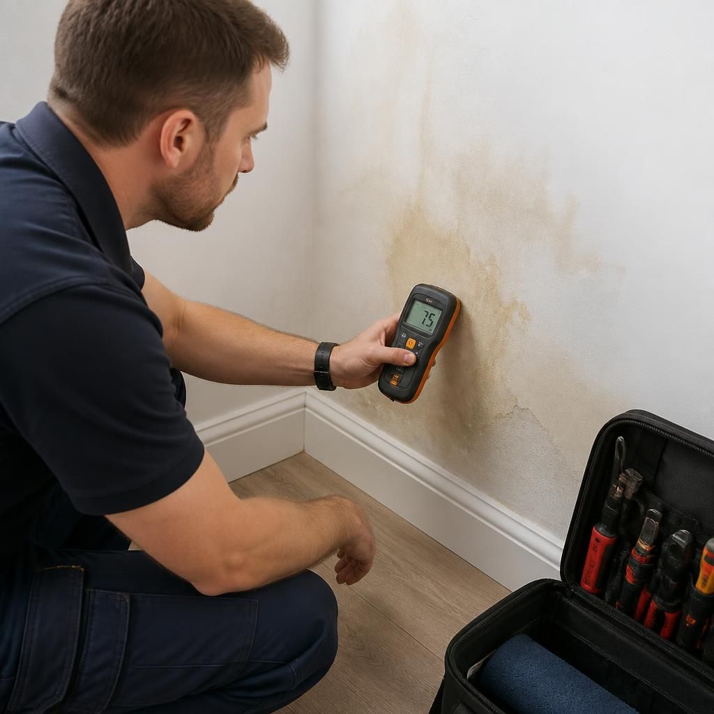 Plumber using a moisture meter to inspect a wall for a concealed water leak