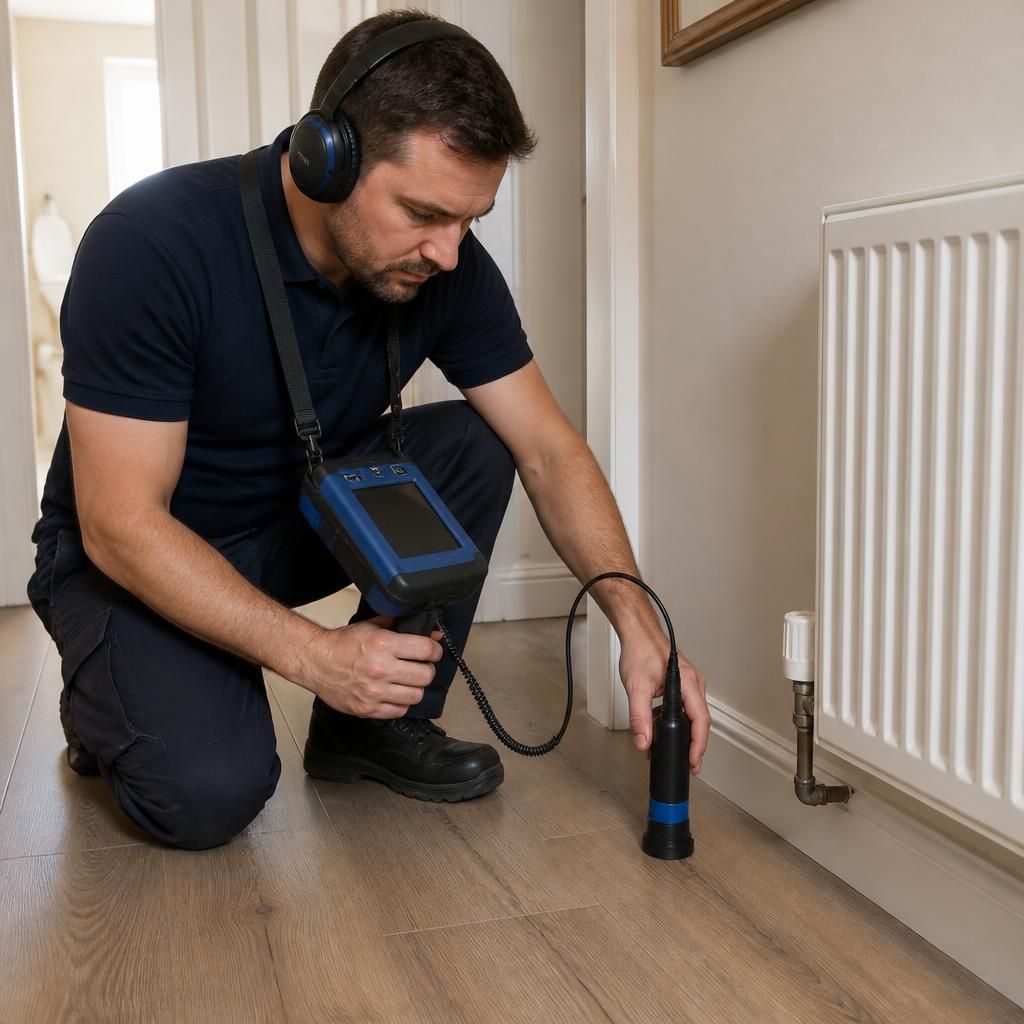 Plumber using electronic equipment to trace concealed pipework beneath a household floor