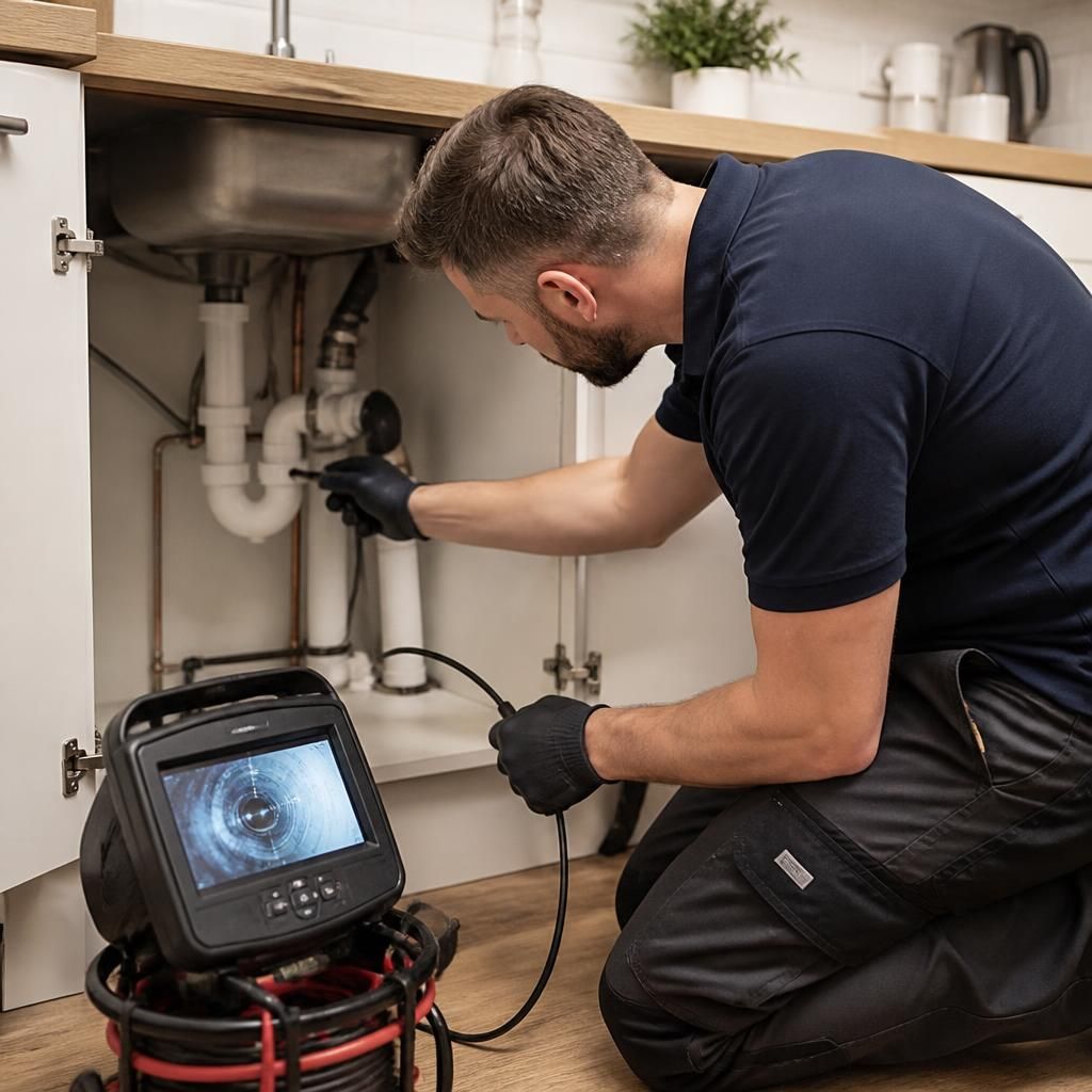 Plumber checking pipework beneath a kitchen sink with inspection equipment