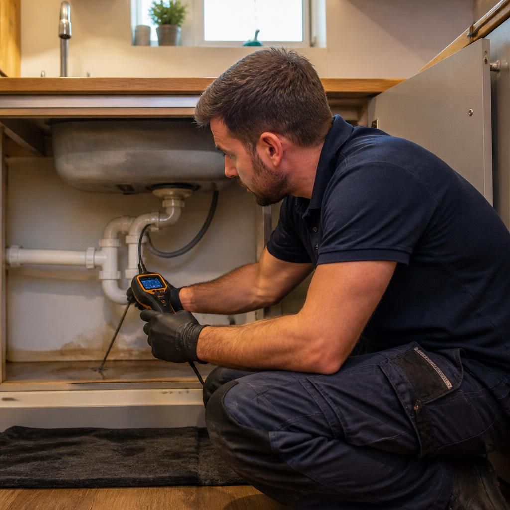 Plumber inspecting pipework beneath a kitchen sink with a moisture meter