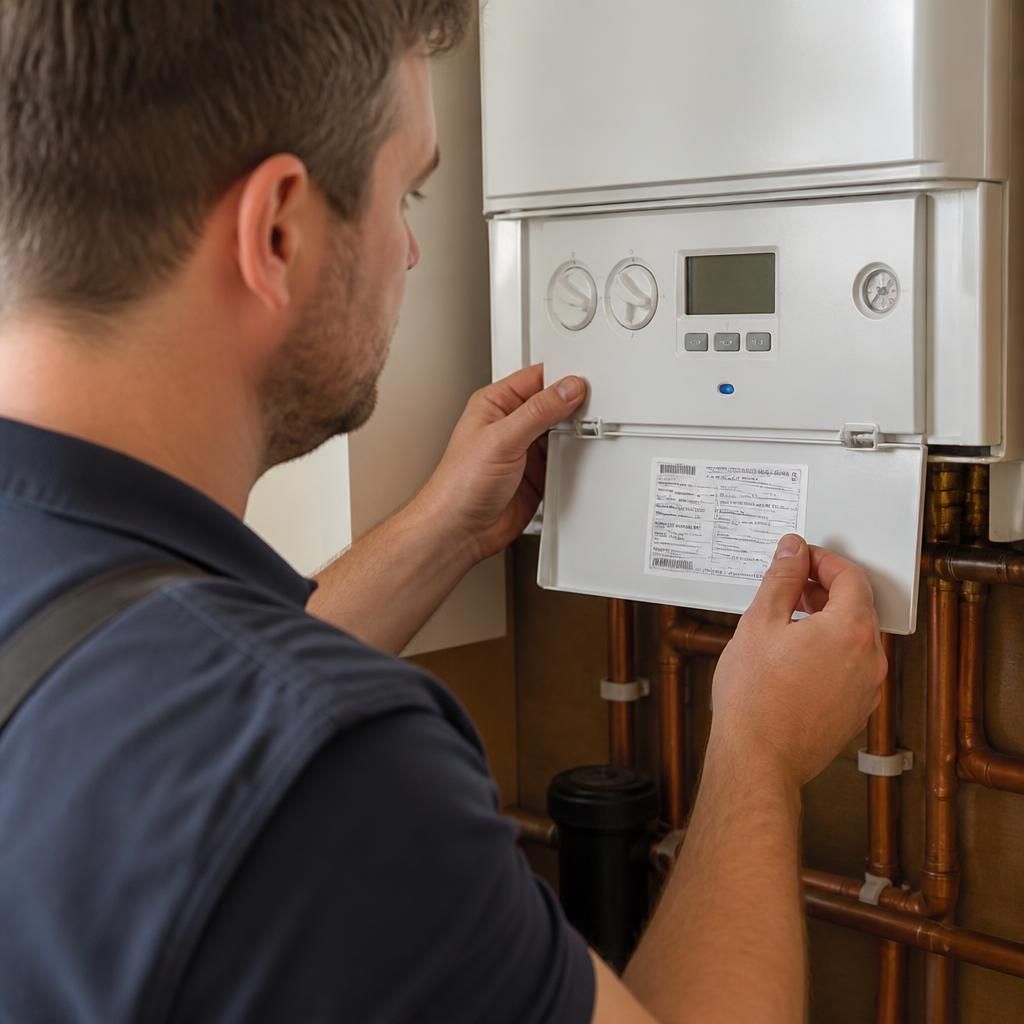 Gas engineer checking a household boiler data plate and controls