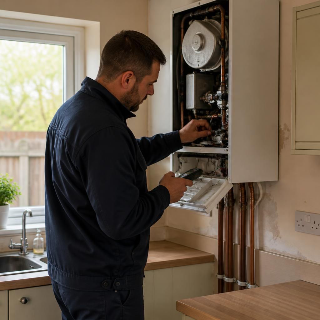 Engineer inspecting a boiler in a rented property