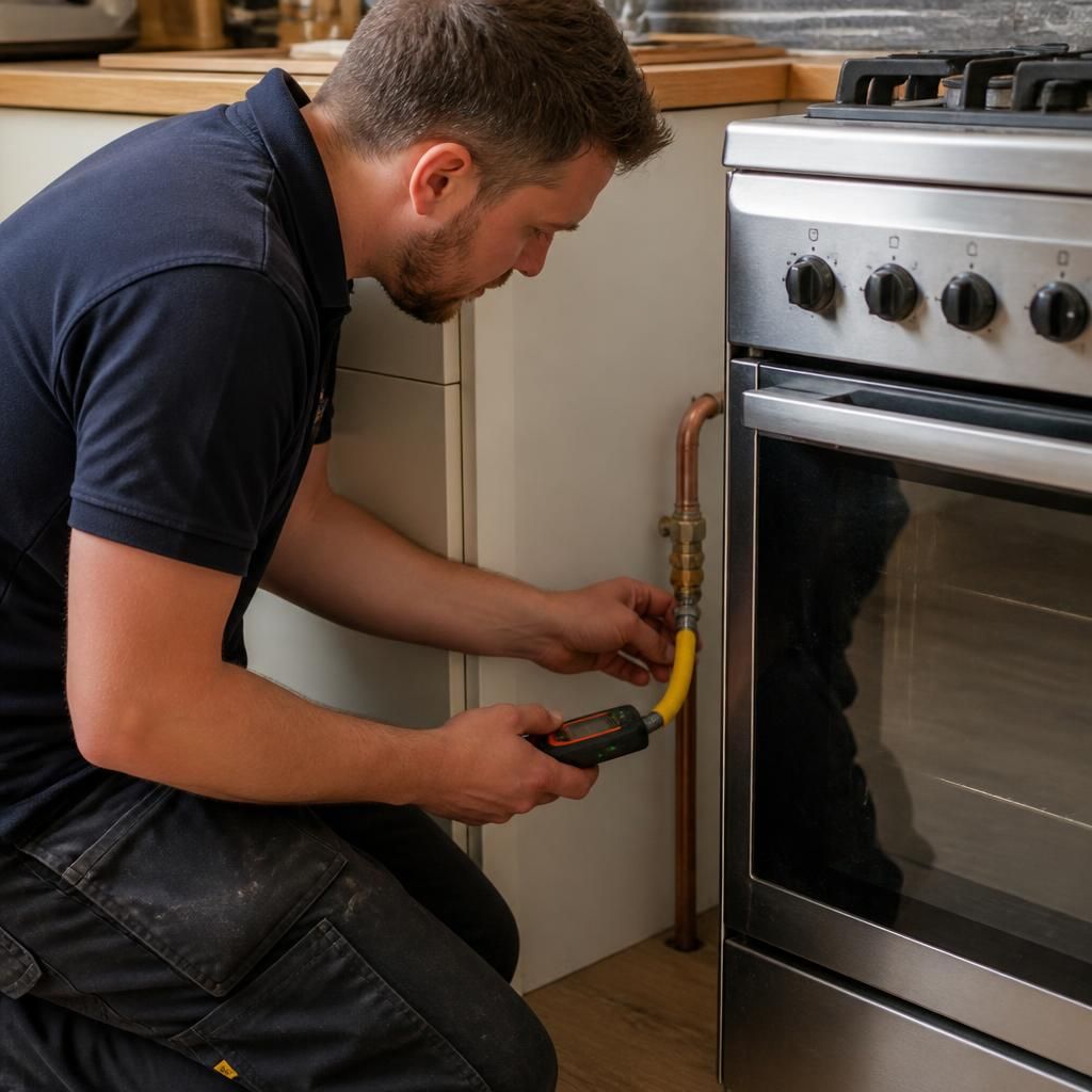 Gas engineer inspecting a cooker connection beside kitchen cabinets