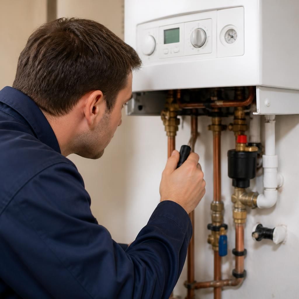 Engineer inspecting a domestic boiler and checking connected pipework