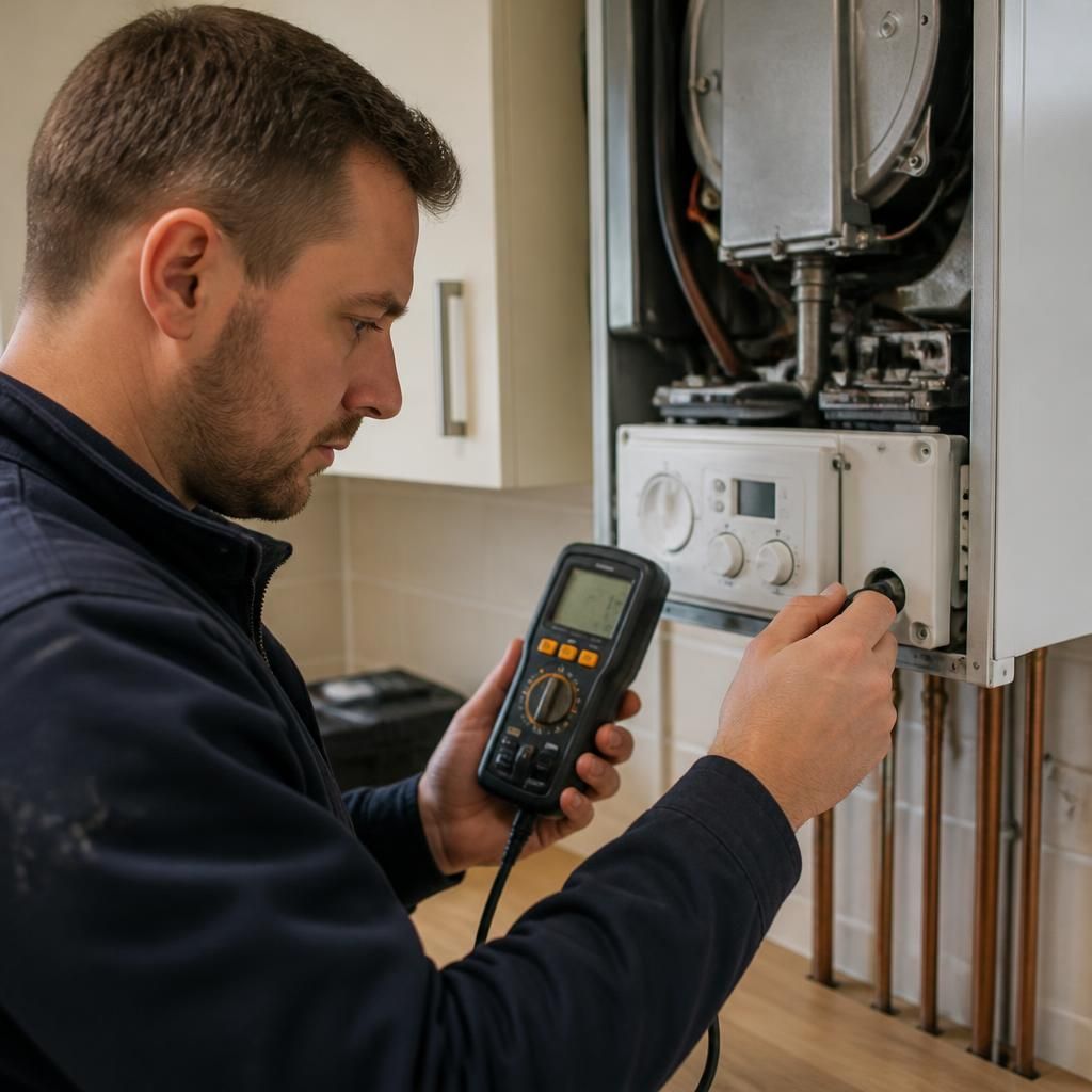Gas fitter checking a domestic boiler with a diagnostic meter