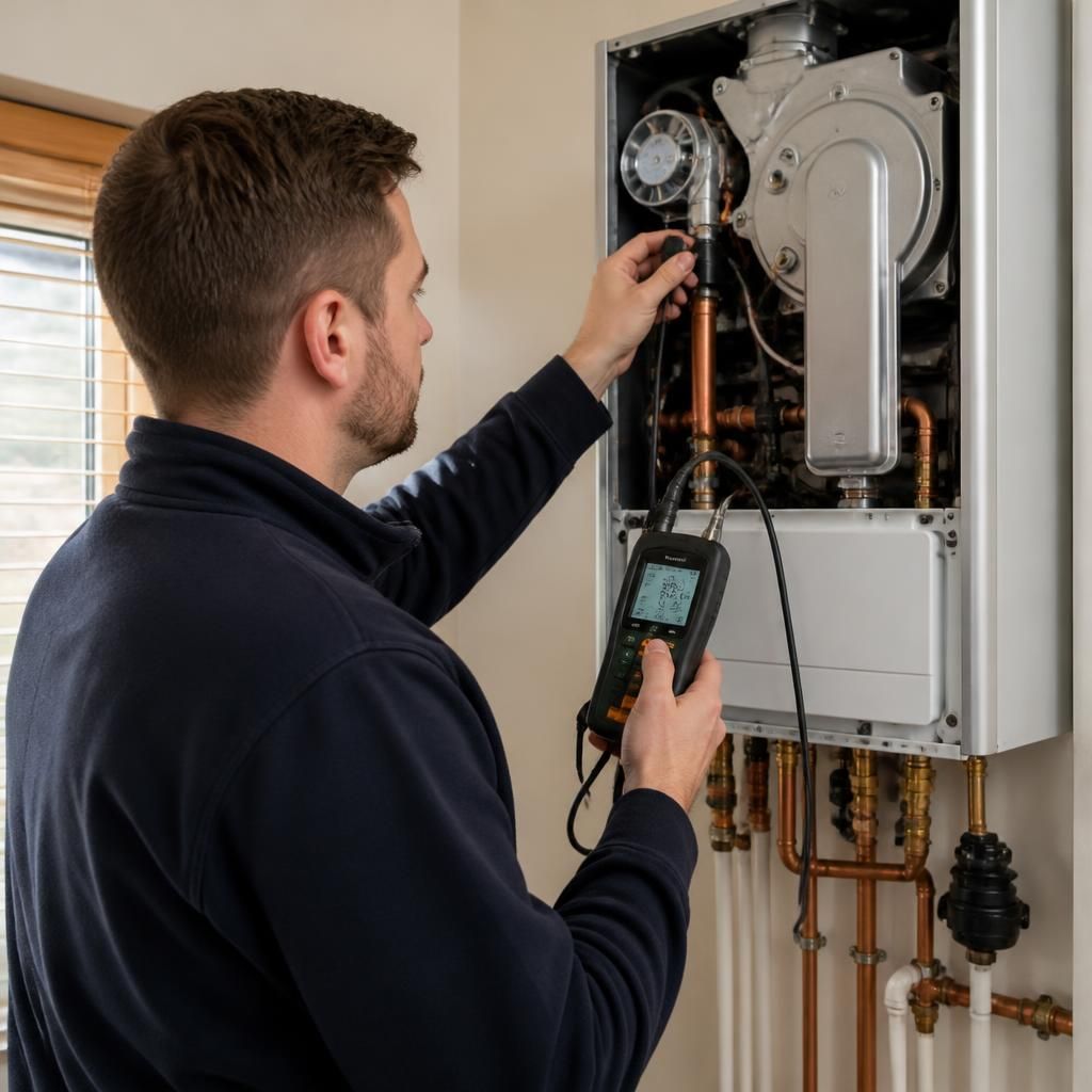 Gas engineer checking a domestic boiler with a flue gas analyser