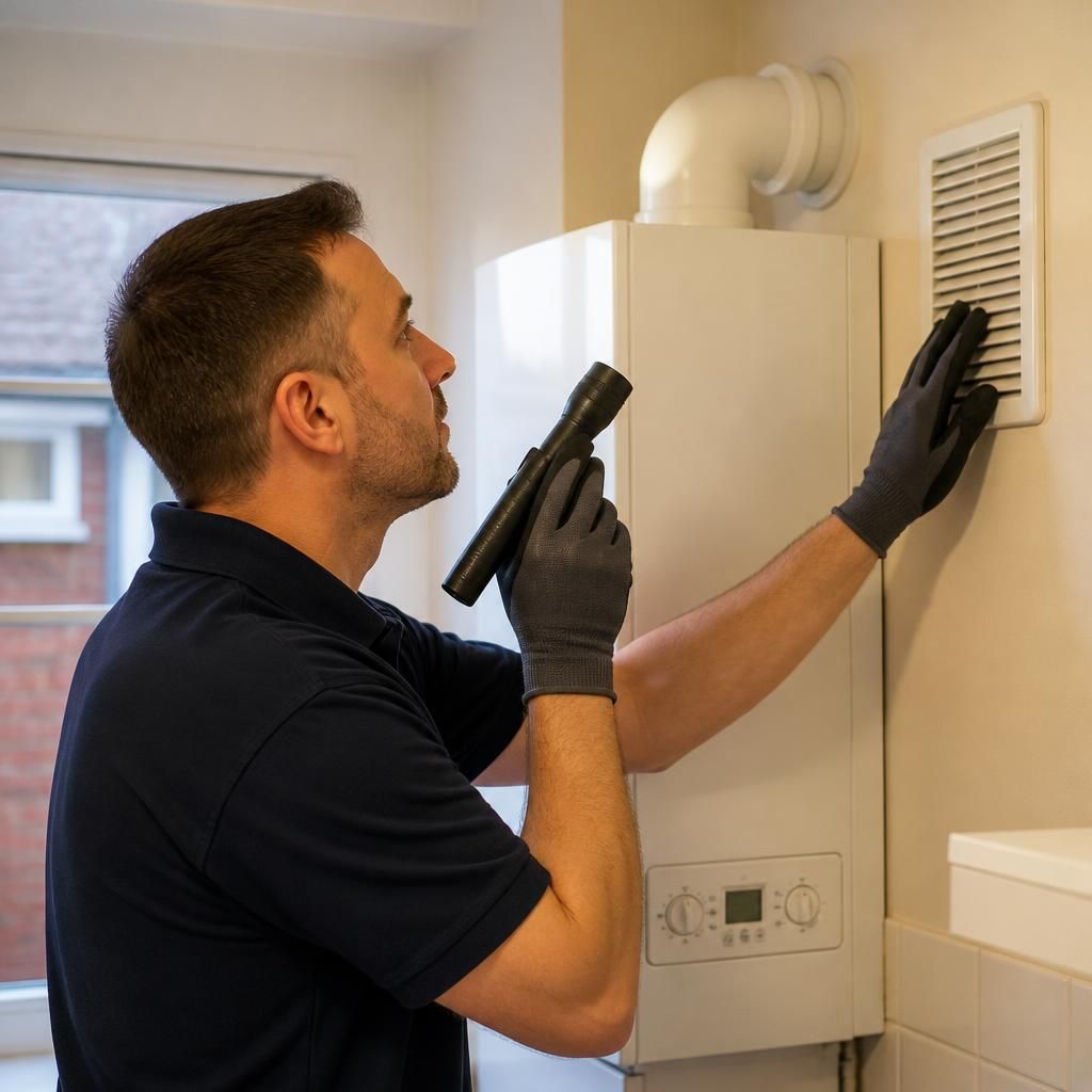 Gas engineer inspecting a boiler flue and ventilation grille before beginning a repair