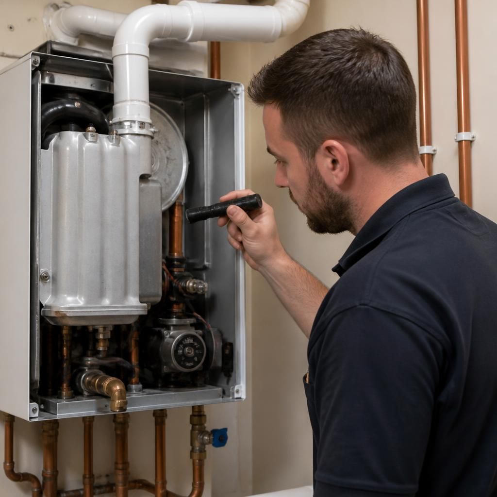 Gas engineer inspecting a domestic boiler and its flue connection