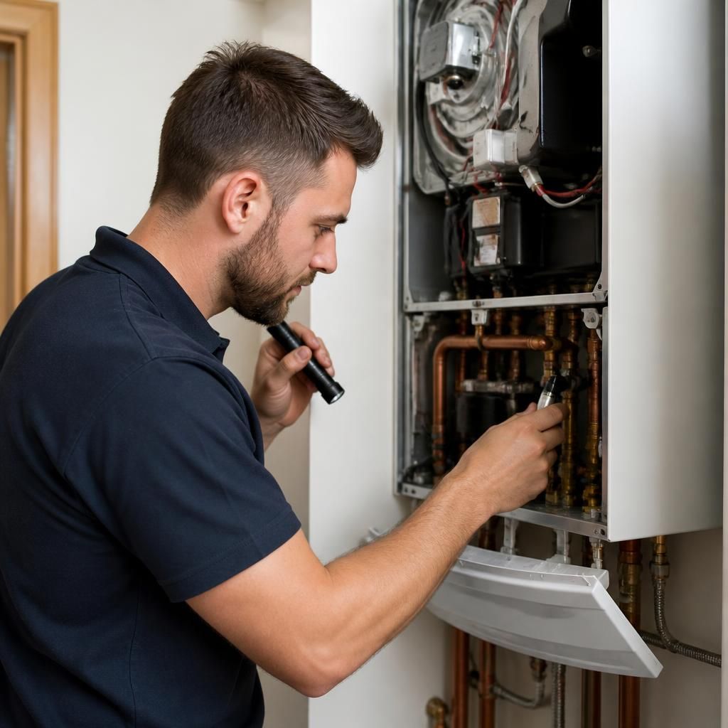 Domestic gas engineer inspecting a boiler and connected pipework