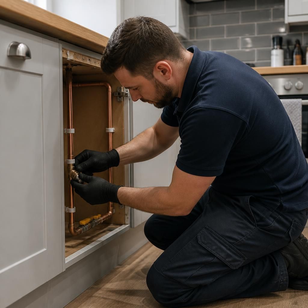 Gas pipework being installed inside a flat kitchen