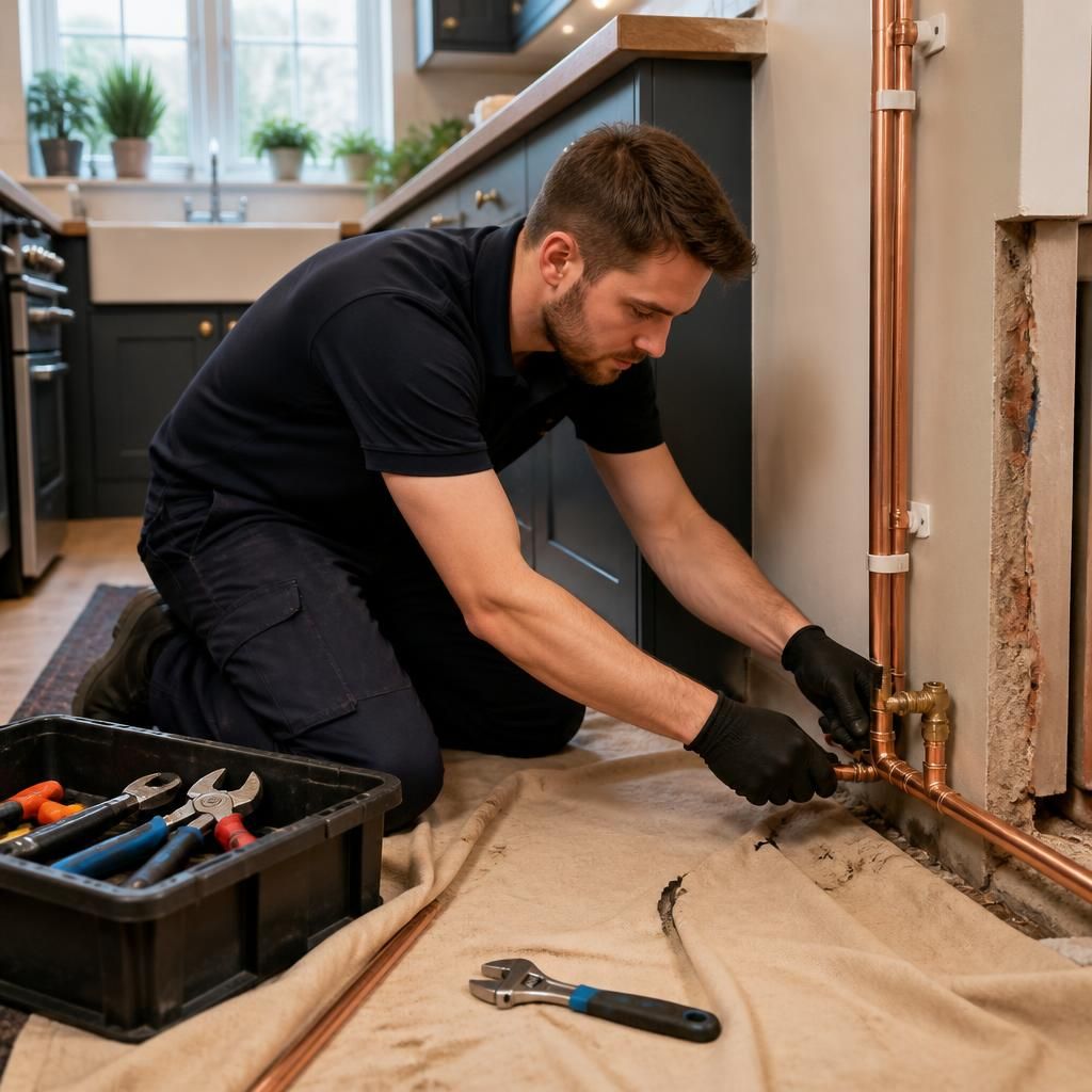 Installer fitting gas pipework in a kitchen with protective floor coverings in place