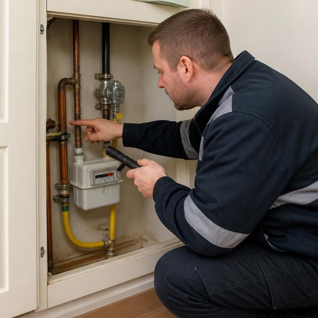 Gas engineer inspecting gas pipework beside a household meter