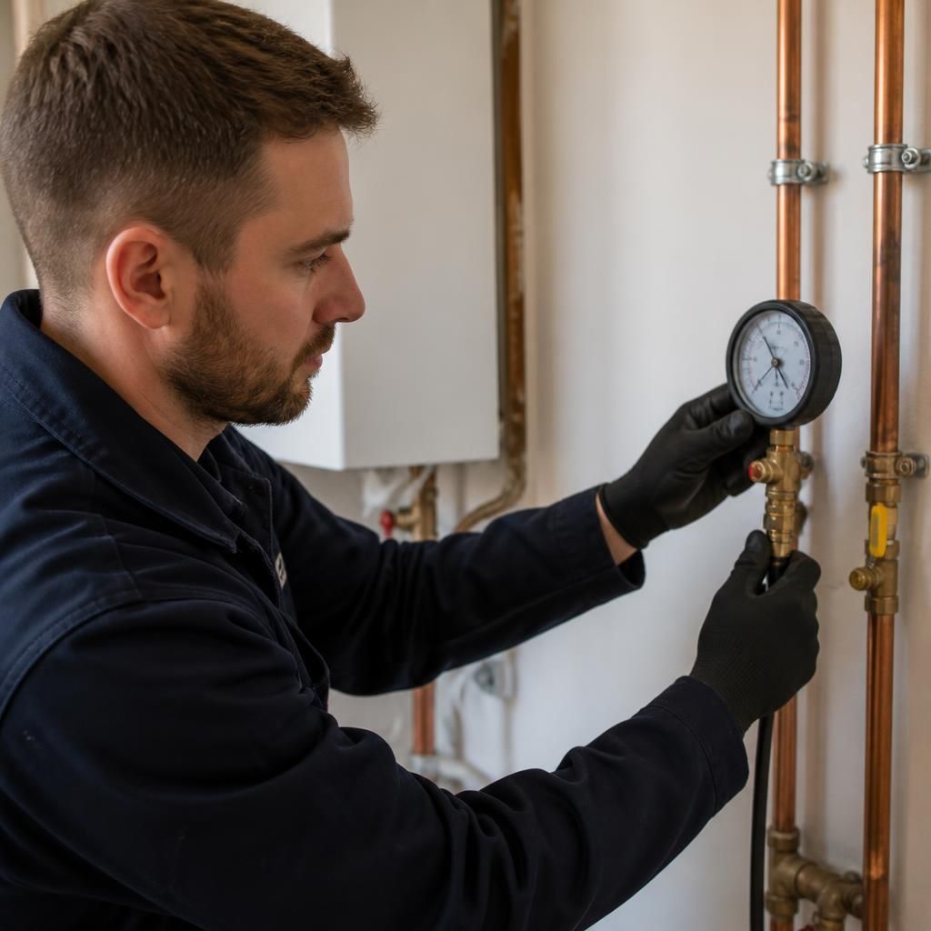 Gas engineer checking gas pressure with a manometer beside newly installed pipework