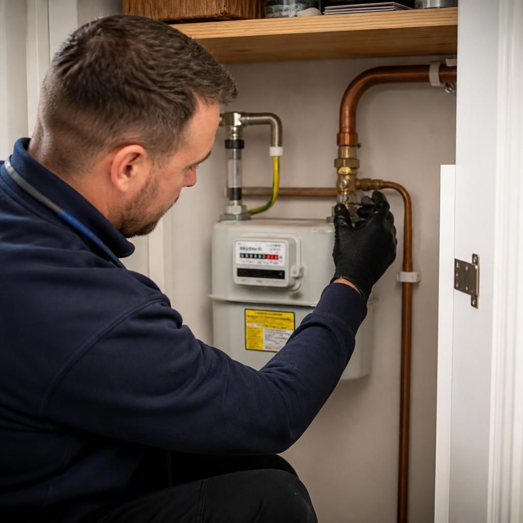 Gas engineer inspecting a home's gas meter and pipework before installation
