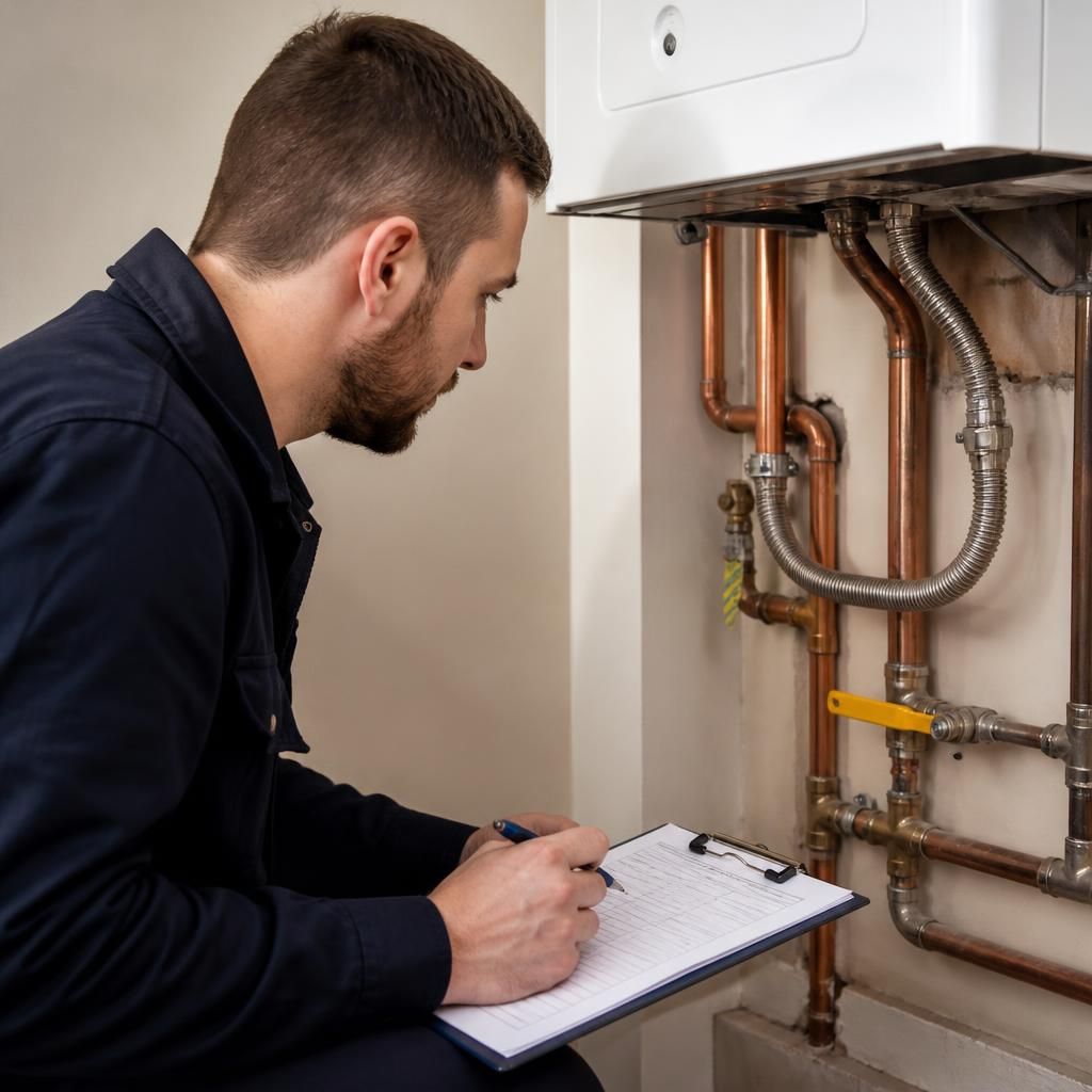 Engineer inspecting exposed gas pipework beside a domestic appliance